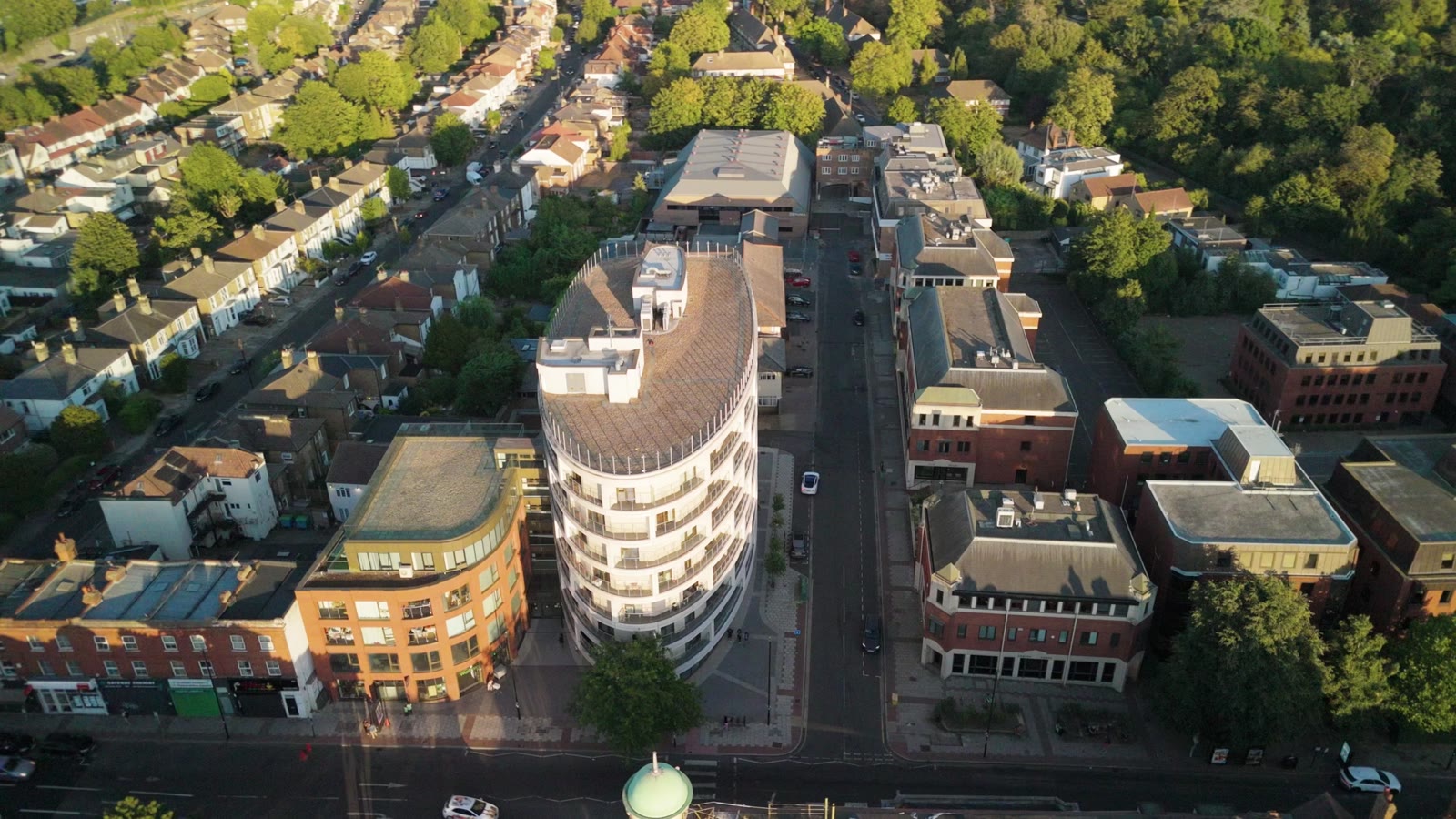 Gateway House from the air at golden hour
