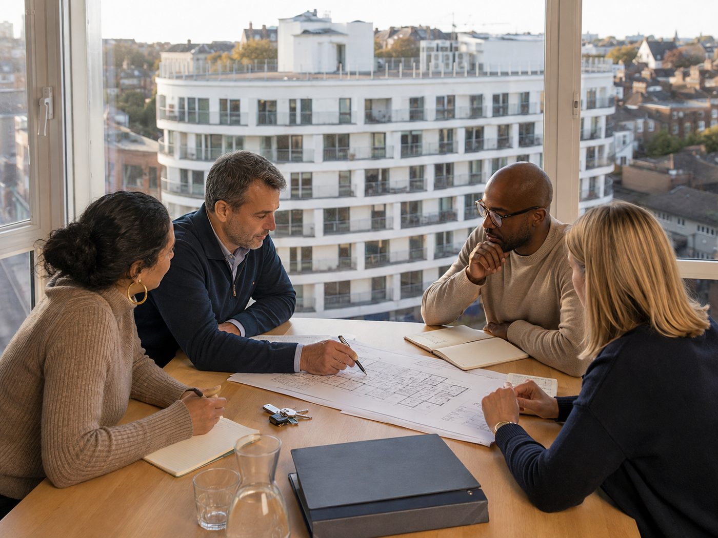 The RTM director and leaseholders reviewing plans with Gateway House in view