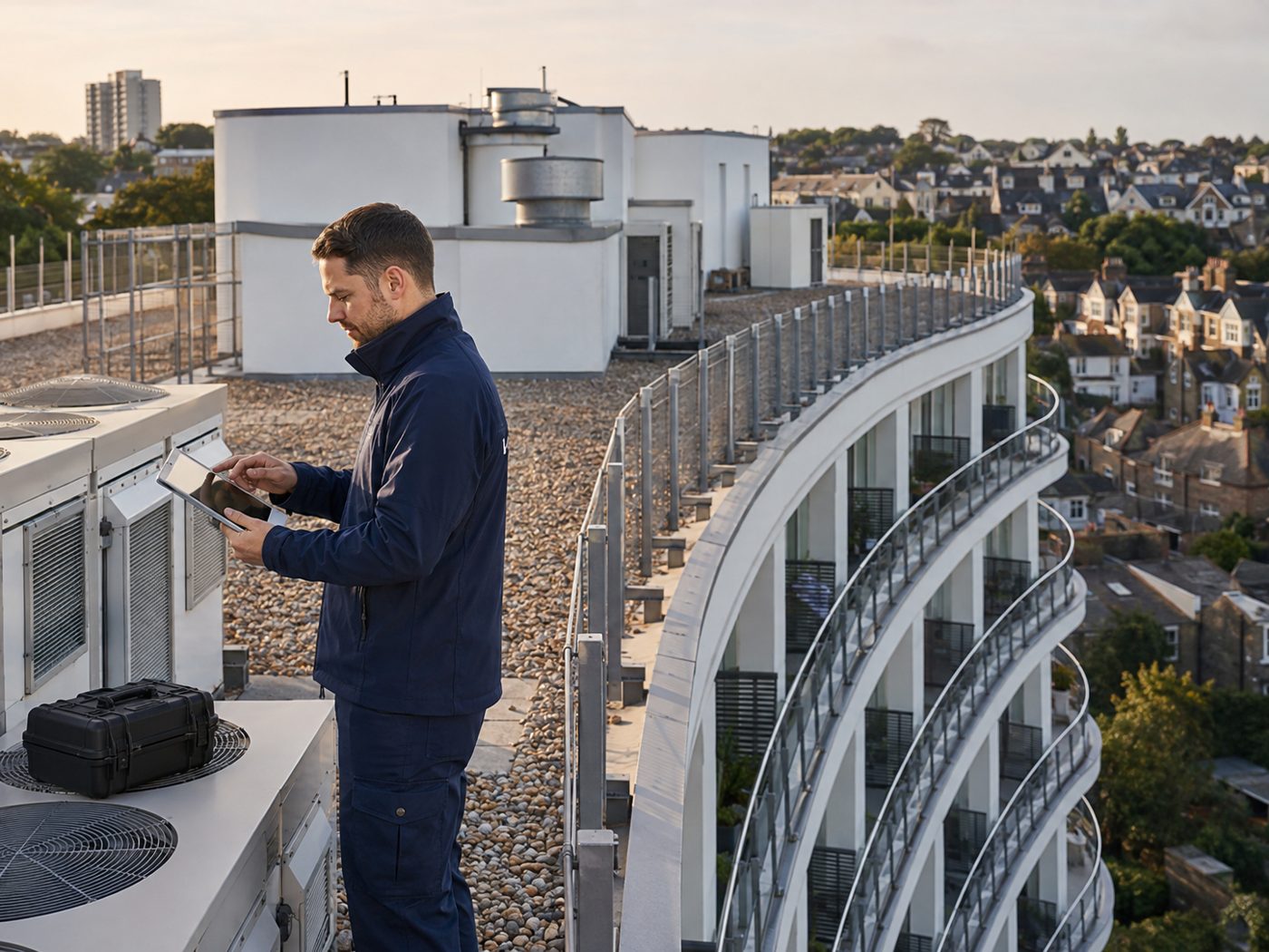 Engineer inspecting plant on the roof of Gateway House